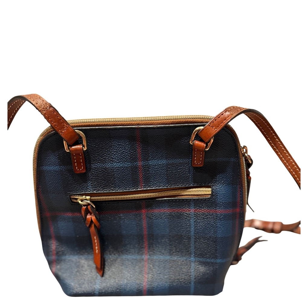 Dooney & Bourke Navy Blue Red Plaid Coated Canvas Crossbody Bag Leather Trim